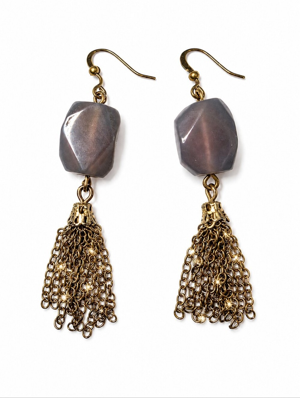 Purple Faceted Glass Bead Gold Chain Tassel Dangle Earrings Lightweight Boho EUC